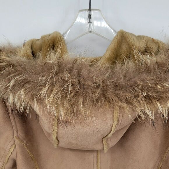 Calvin Klein Womens Faux Suede Coat Jacket Size Medium Tan Hood Raccoon Fur Trim - Picture 5 of 8